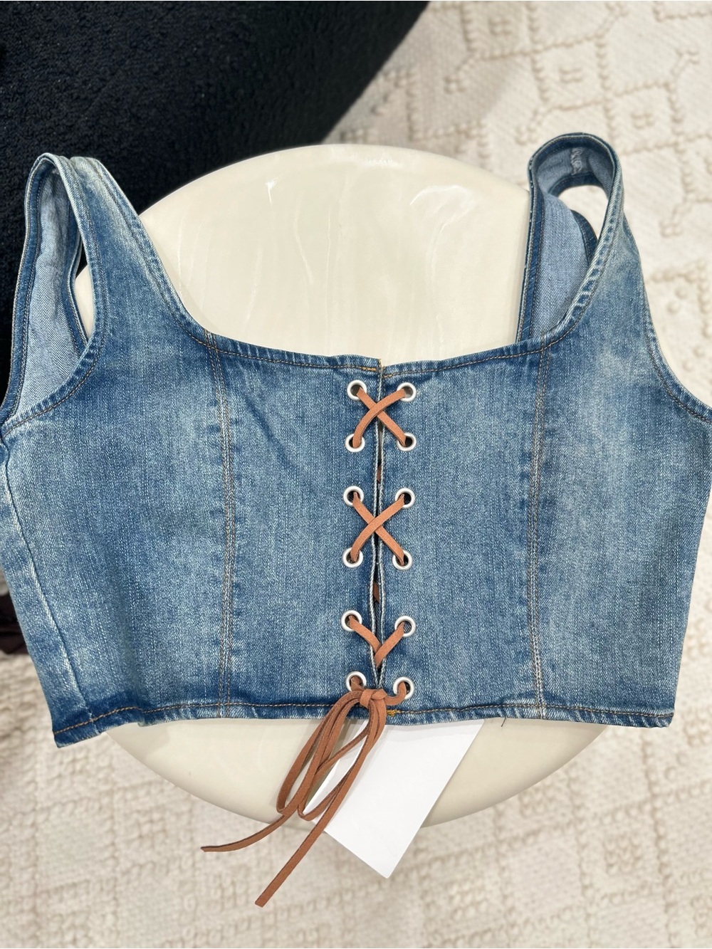 Emory Park Light Blue Denim Lace-Up Crop Top with Brown Tie